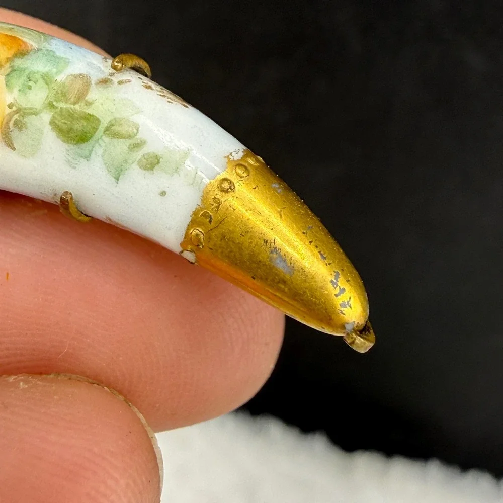 Vintage Victorian Hand Painted Porcelain Brooch Crescent Moon Yellow Rose Floral